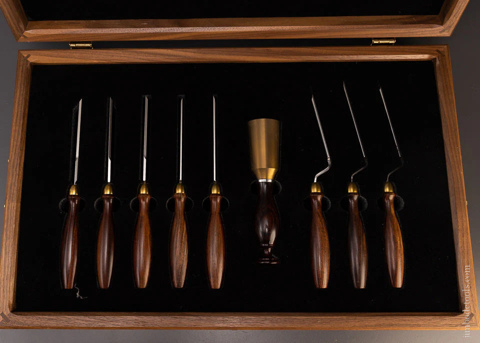 BRIDGE CITY TOOL WORKS CT-13 Nine Piece Rosewood Handled Chisel Set in Original Walnut Presentation Box -- 96674