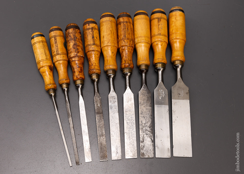 Amazing Set of 9 E.A. BERG ESKILSTUNA Bevel Edge Tang Chisels with Decals - 107991