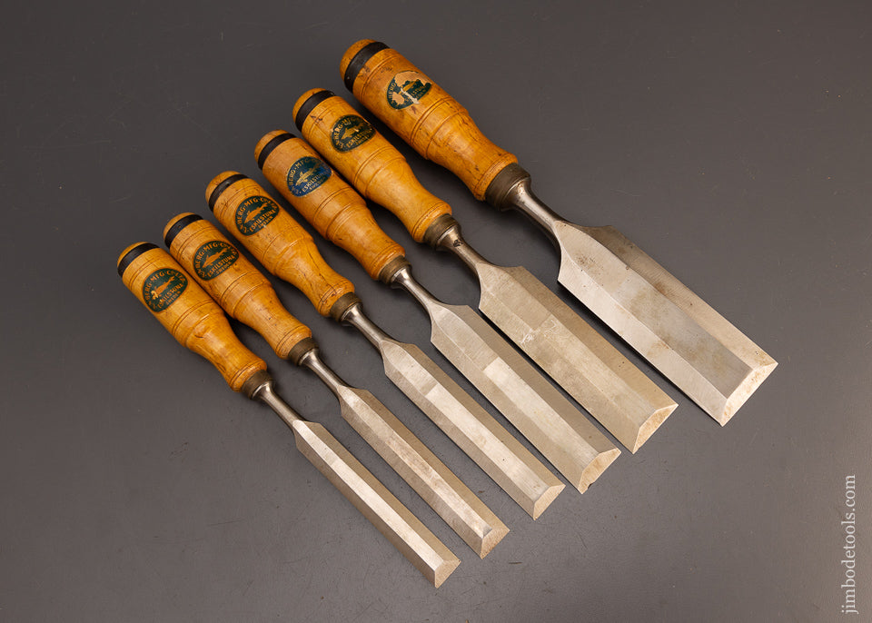 Amazing Set of 6 Large Size E.A. BERG ESKILSTUNA Tang Firmer Chisels in Custom Tiger Maple Box - 113715