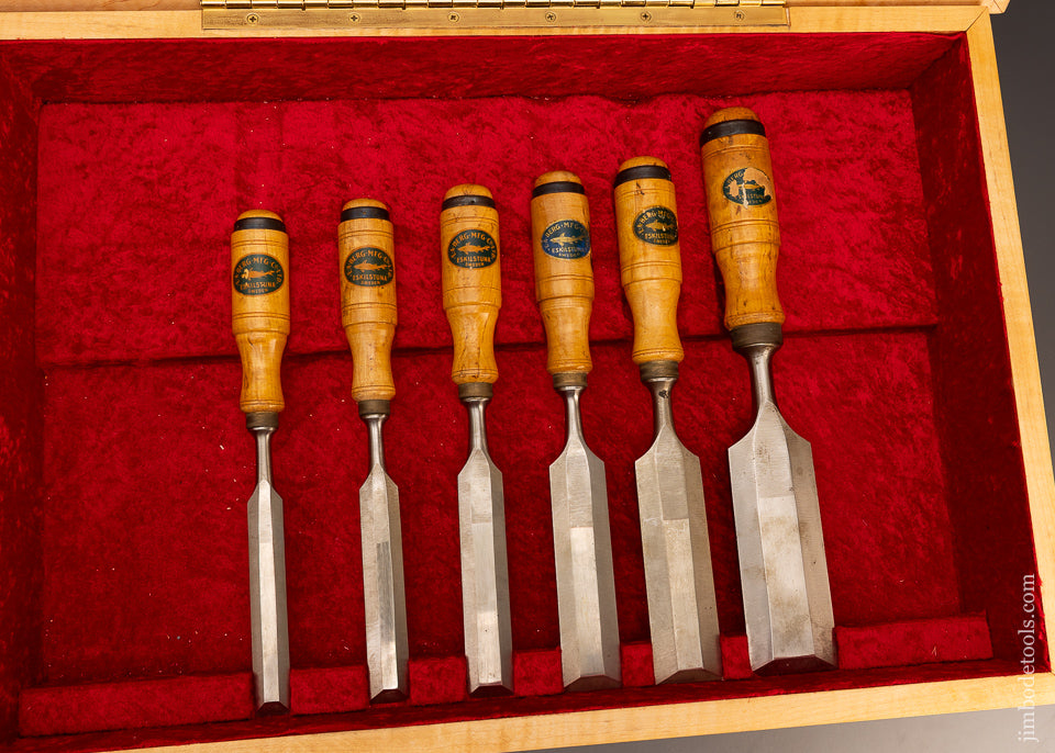 Amazing Set of 6 Large Size E.A. BERG ESKILSTUNA Tang Firmer Chisels in Custom Tiger Maple Box - 113715