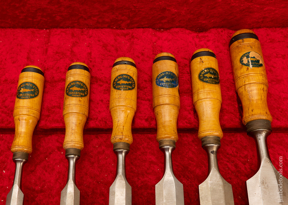 Amazing Set of 6 Large Size E.A. BERG ESKILSTUNA Tang Firmer Chisels in Custom Tiger Maple Box - 113715