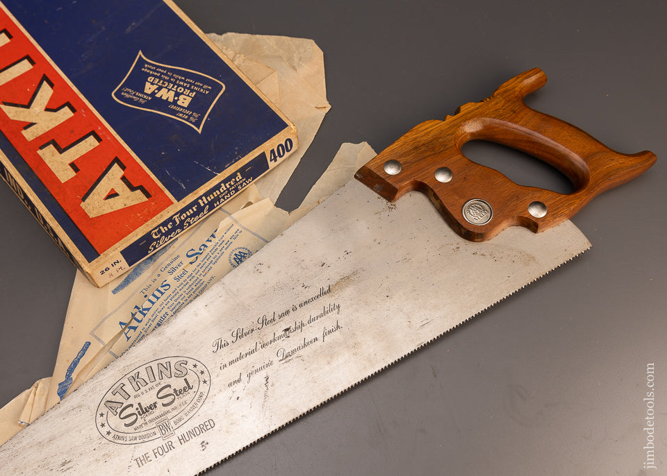 Vintage ATKINS No. 400 Rosewood Handled Hand Saw Mint in Box - 113920