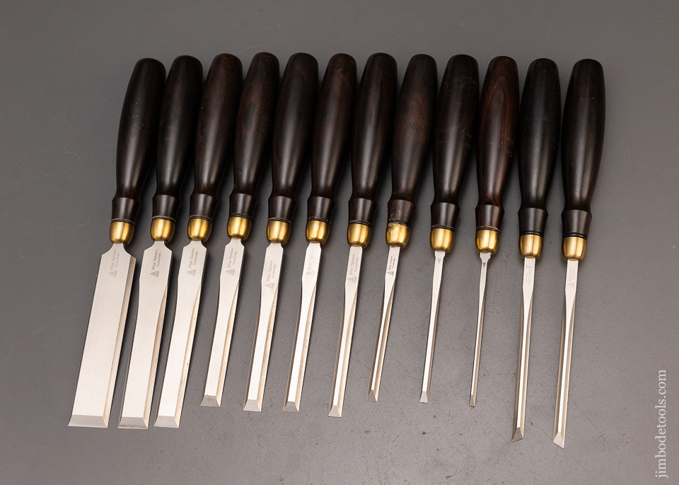 Amazing Set of 12 BLUE SPRUCE TOOL WORKS Dutch Chisels with Macassar Ebony Handles - 114625