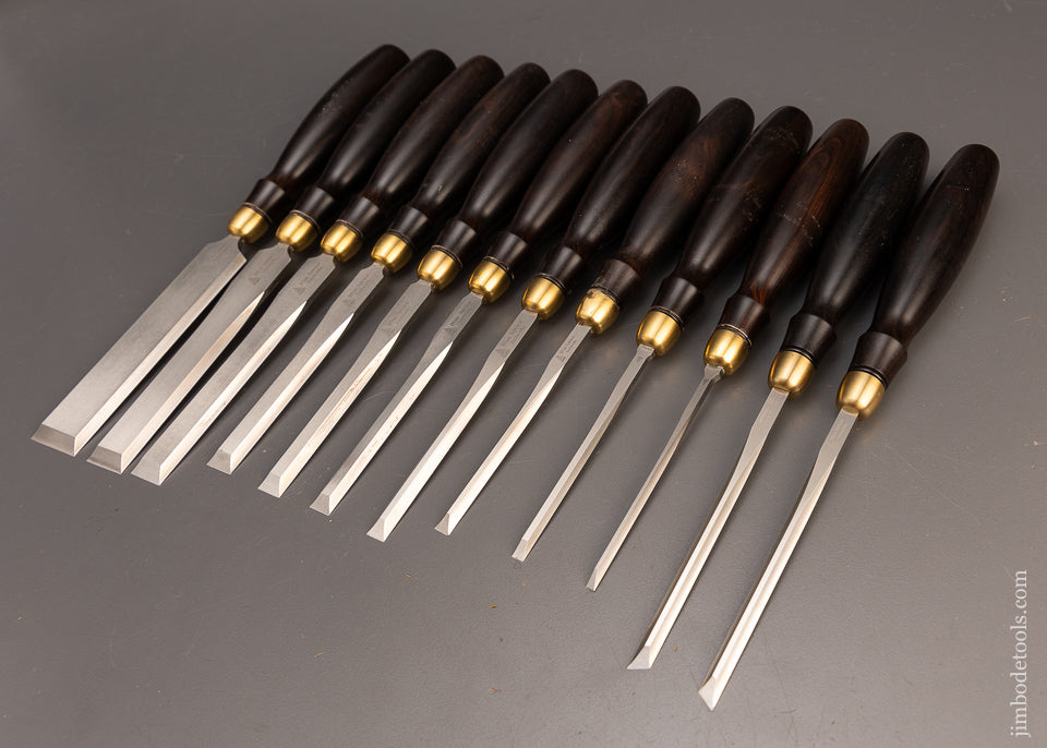 Amazing Set of 12 BLUE SPRUCE TOOL WORKS Dutch Chisels with Macassar Ebony Handles - 114625