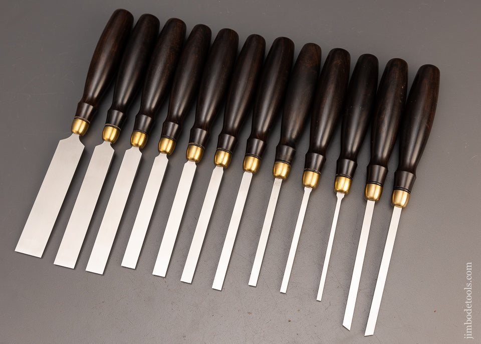 Amazing Set of 12 BLUE SPRUCE TOOL WORKS Dutch Chisels with Macassar Ebony Handles - 114625