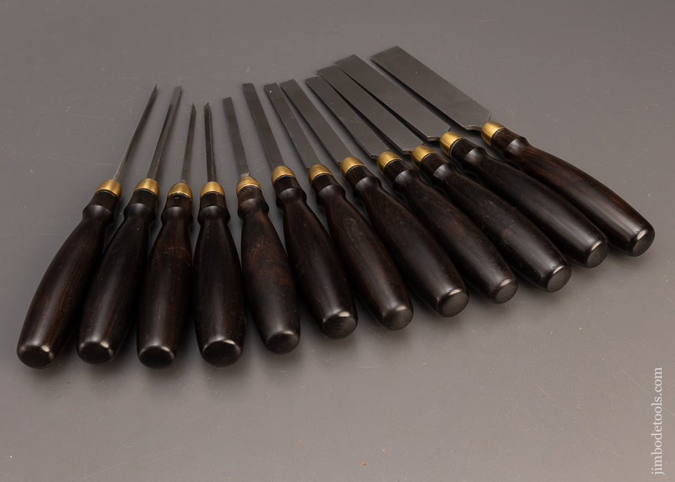 Amazing Set of 12 BLUE SPRUCE TOOL WORKS Dutch Chisels with Macassar Ebony Handles - 114625