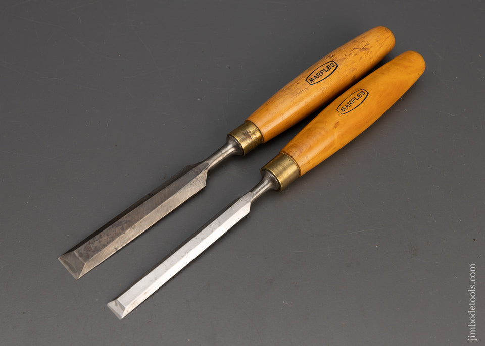 Extra Fine Pair of MARPLES Boxwood Handled Bevel Edge Tang Firmer Chisels - 115133