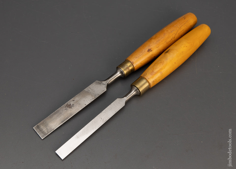 Extra Fine Pair of MARPLES Boxwood Handled Bevel Edge Tang Firmer Chisels - 115133