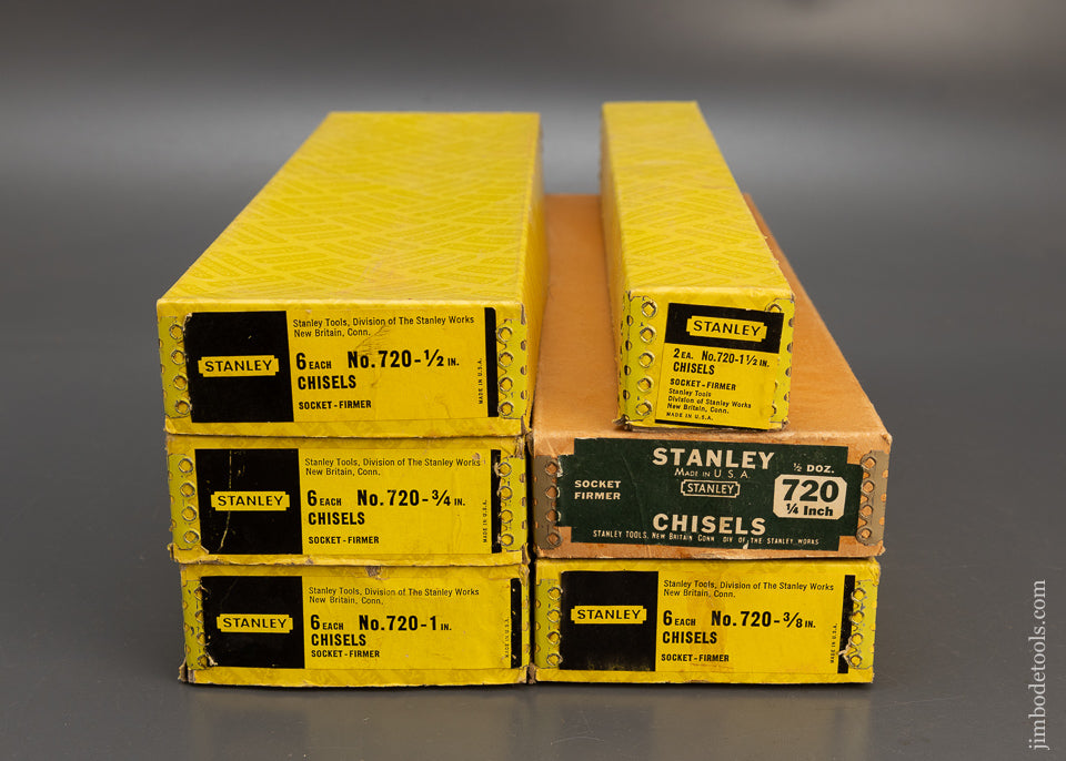 Mint in Box New Old Stock Set of 6 STANLEY No. 720 Socket Firmer Chisels in Boxes - 115291