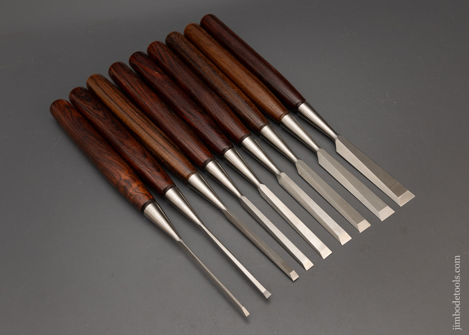 Remarkable Mint Set of 9 Discontinued LIE NIELSEN Bevel Edge Socket Chisels with Extra Long Cocobolo Handles - 115528