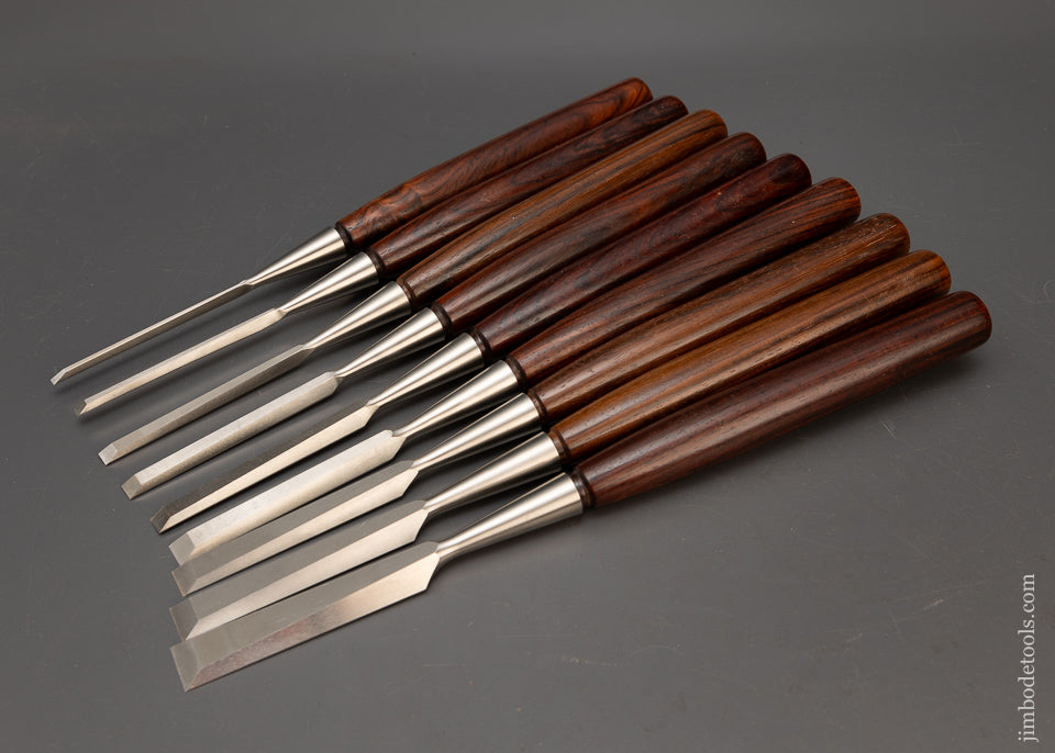 Remarkable Mint Set of 9 Discontinued LIE NIELSEN Bevel Edge Socket Chisels with Extra Long Cocobolo Handles - 115528