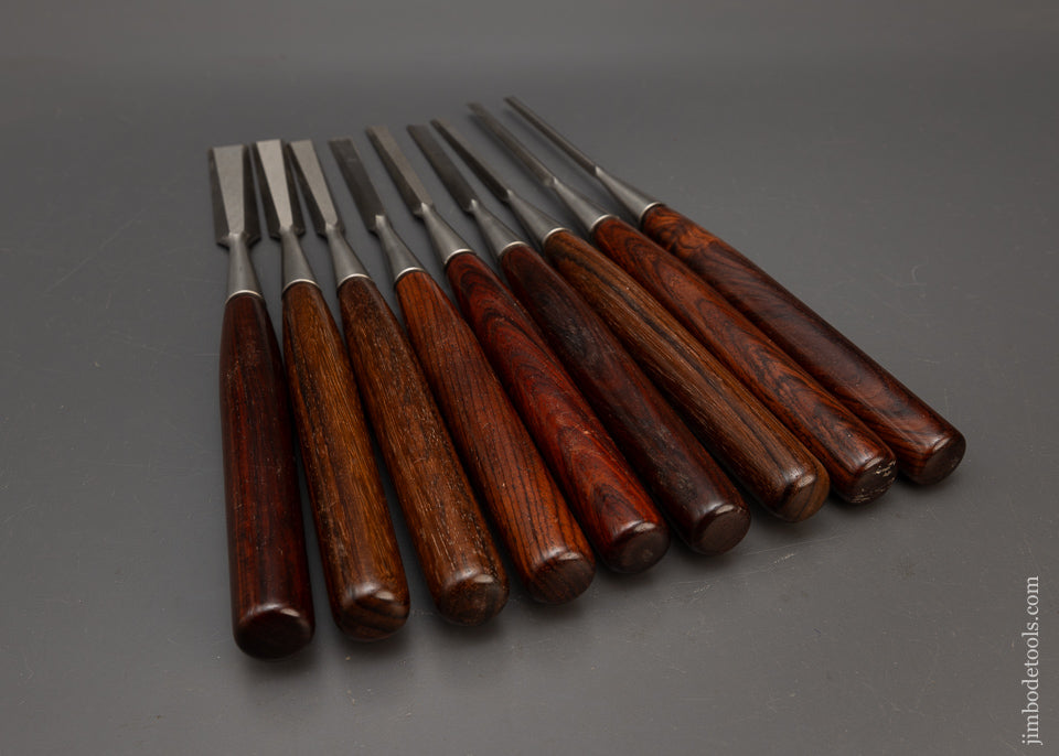 Remarkable Mint Set of 9 Discontinued LIE NIELSEN Bevel Edge Socket Chisels with Extra Long Cocobolo Handles - 115528