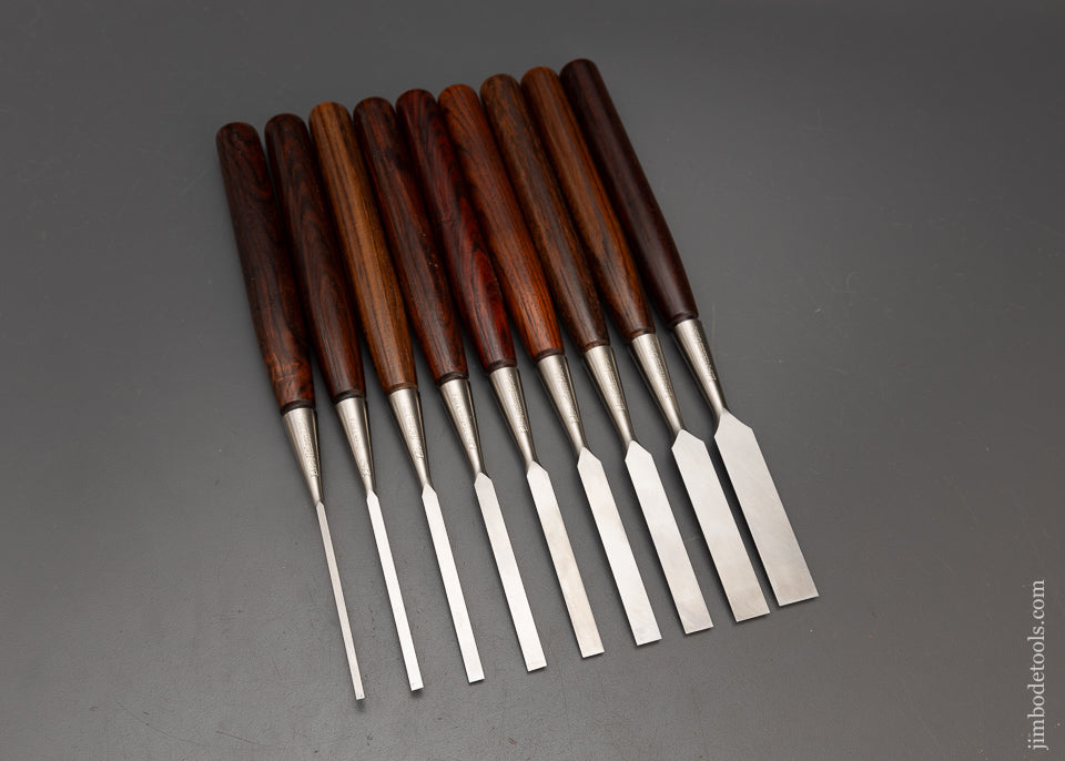 Remarkable Mint Set of 9 Discontinued LIE NIELSEN Bevel Edge Socket Chisels with Extra Long Cocobolo Handles - 115528