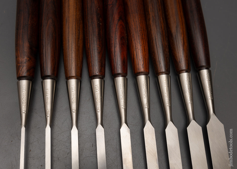 Remarkable Mint Set of 9 Discontinued LIE NIELSEN Bevel Edge Socket Chisels with Extra Long Cocobolo Handles - 115528