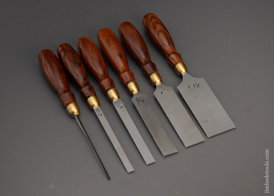 Discontinued & Mint BLUE SPRUCE TOOL WORKS Set of 6 Cocobolo Dovetail Chisels - 115636