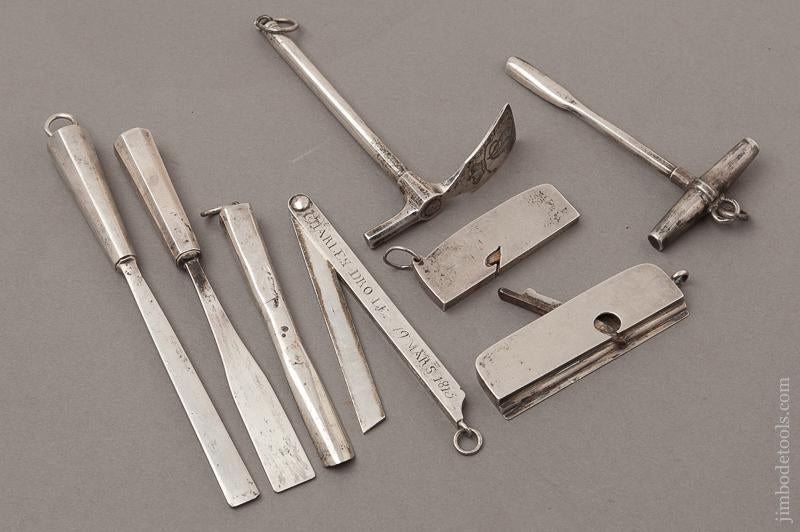 AMAZING Set of Eight Miniature Woodworking Tools in Sterling Silver DATED 1809, 1815, 1824, 1825! - EXCELSIOR 71711