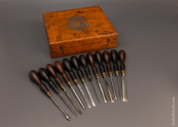 Stunning Rosewood & Ebony Handled Set of MARPLES Carving Chisels (12) in Original Box - EXCELSIOR 114630