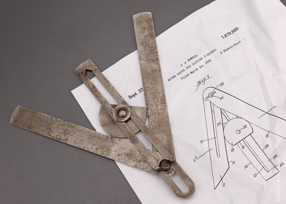 Rare J.J. DRILL PATENT Miter Gauge for Sliding T-Bevels - 100889