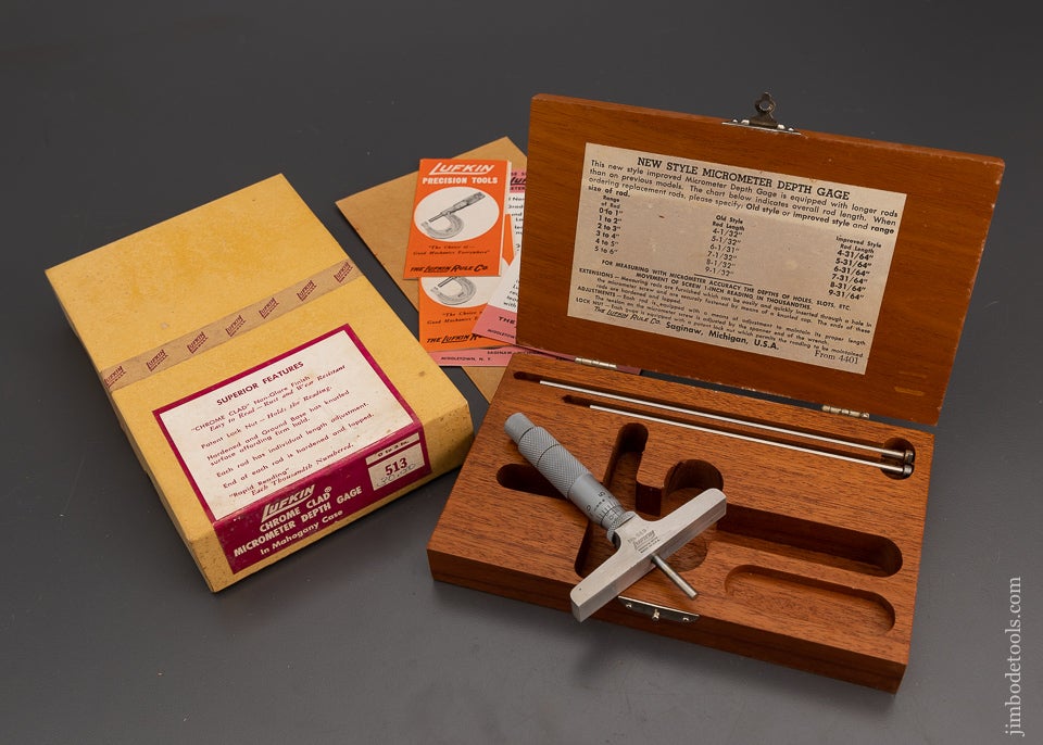 LUFKIN No. 513 Micrometer Depth Gage Mint in Box in Mahogany Case - 101733