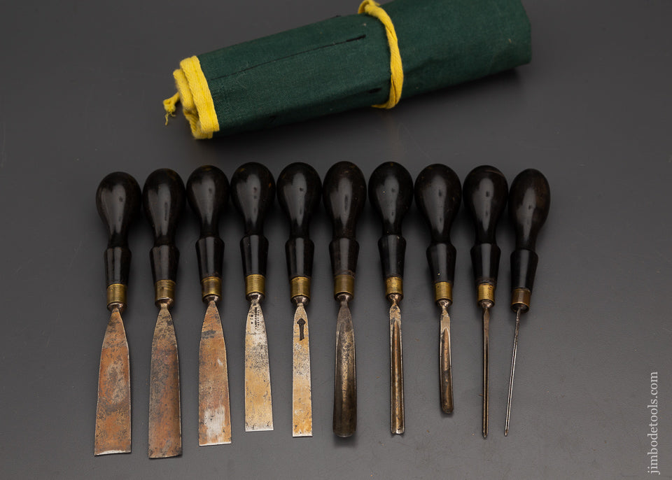 Spectacular Ebony Handled MARPLES Carving Tool Set of 10 Mint - 102718