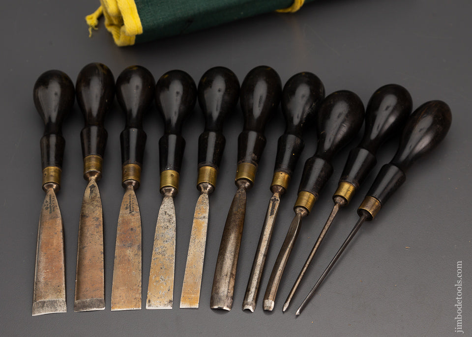 Spectacular Ebony Handled MARPLES Carving Tool Set of 10 Mint - 102718