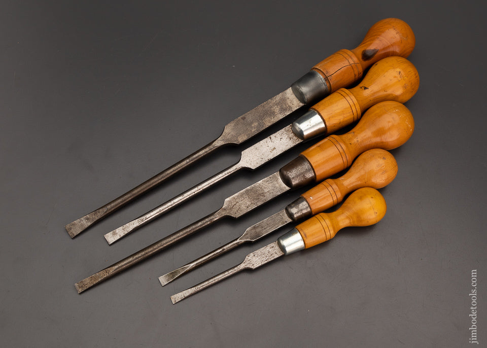 Pretty Set of 5 English Boxwood Handle Cabinet Maker’s Screwdrivers MARPLES - 103656