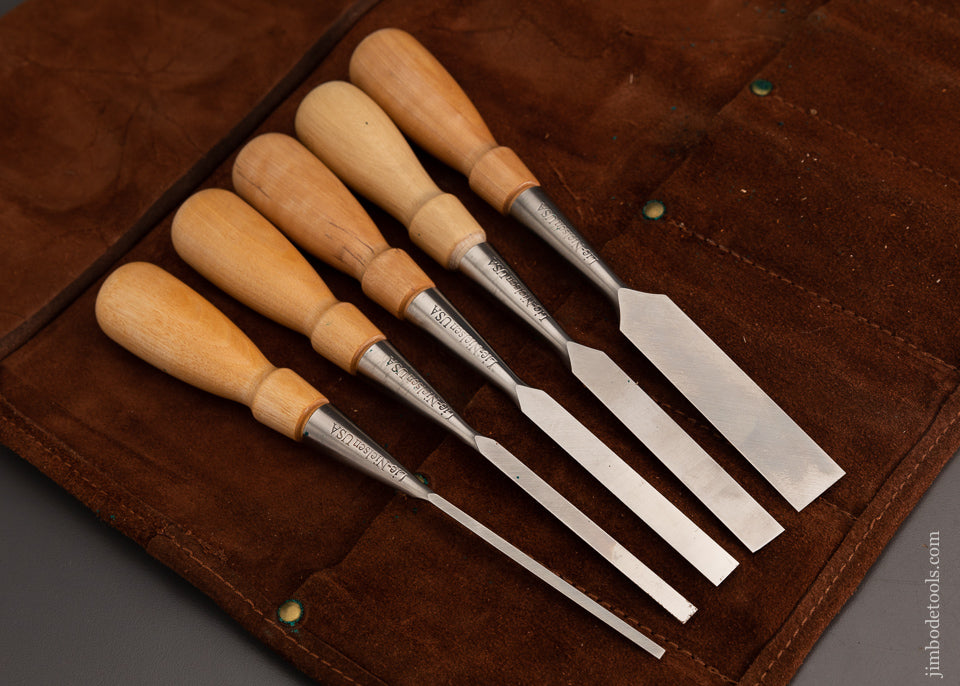 Mint Set of 5 LIE NIELSEN Bevel Edge Bench Chisels in Leather Roll - 103834