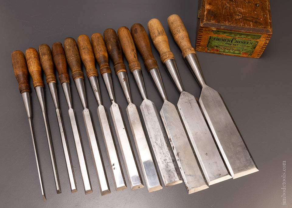 Really Fine Complete Set of 12 T.H. WITHERBY Bevel Edge Chisels in Original Box - 107296