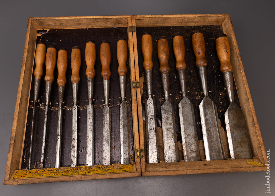 Magnificent Complete Set of 12 C.E. JENNINGS Bevel Edge Socket Firmer Chisels in Original Box - 108566