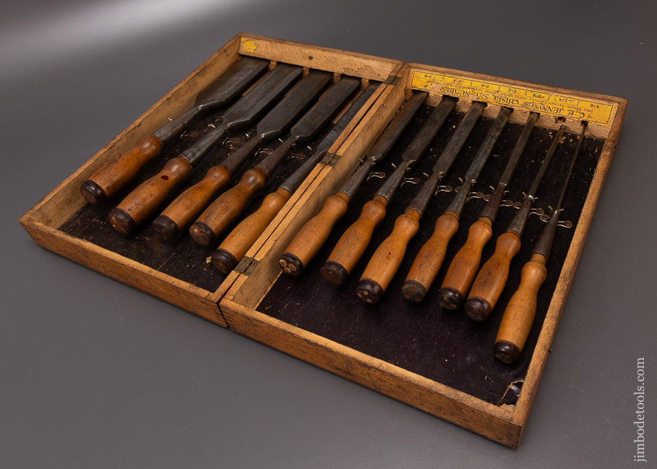 Magnificent Complete Set of 12 C.E. JENNINGS Bevel Edge Socket Firmer Chisels in Original Box - 108566