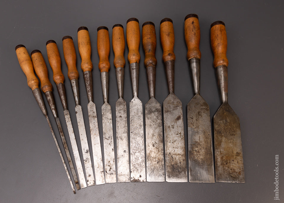 Magnificent Complete Set of 12 C.E. JENNINGS Bevel Edge Socket Firmer Chisels in Original Box - 108566