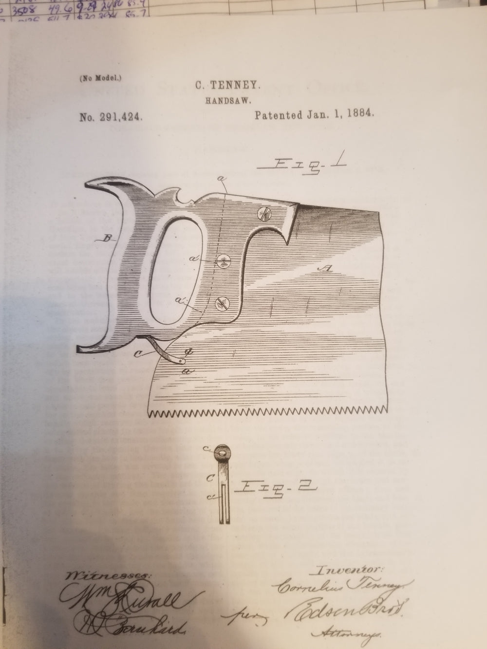 Rare CORNELIUS TENNY PATENT JAN. 1st 1884 Hand Saw - 100378