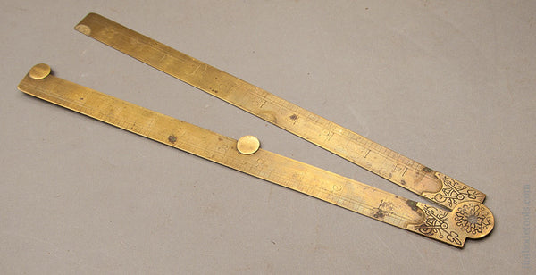 Fancy MATHIESON Two Foot Brass Folding Rule with Engraved Escutcheouns Including Dividers Motif