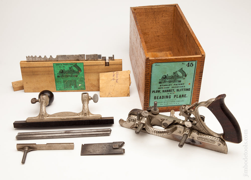 STANLEY NO. 45 Combination Plane in its Original Wooden Box with Green Label Circa 1897-1900 - 62308R