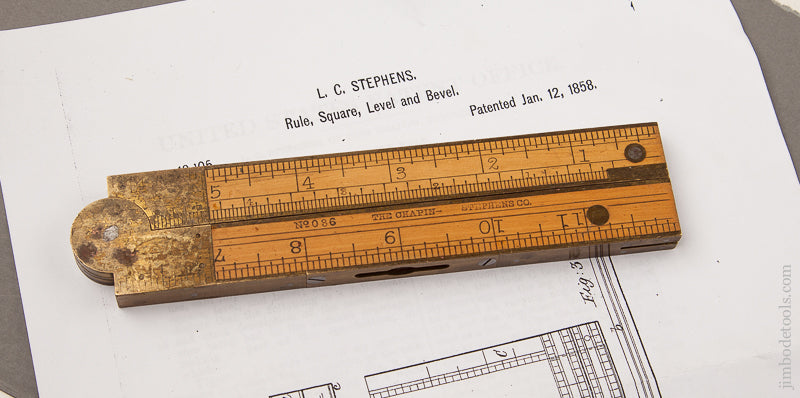 Near Mint! 12 inch STEPHENS January 12, 1858 Patent CHAPIN STEPHENS CO No. 036 Inclinometer Folding Rule with Level, Bevel, Square, and Rule! - 70134