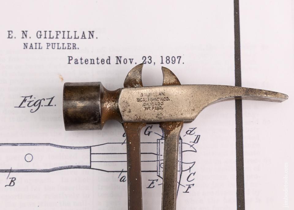 Rare GILFILLAN PATENT Hammer with Articulating Shaft with Nail Puller - 96479